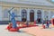 Moscow, Russia - June 03, 2018: Tourists photographed with official symbols of FIFA World Cup Russia 2018 in Manezhnaya square