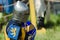 MOSCOW,RUSSIA-June 06,2016: Medieval warrior prepares for duel. Knight stands in helmet with sword and shield in his hands