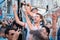 Moscow, Russia, June 16, 2018. World Cup 2018, Screaming football fans on the streets of Moscow. Soccer fans from Argentina walkin