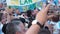 MOSCOW, RUSSIA, JUNE 20, 2018: Soccer World Cup Argentine football fans with flags at the on Nikolskaya Street, a crowd