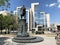 Moscow, Russia, June, 20, 2019. Monument to V. G. Shukhov against the background of LUKOIL`s Headquarters on Sretensky Boulevard i