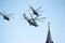 MOSCOW, RUSSIA - June 24,2020. An air parade of military combat helicopters of Russian Air Force fly in skies of Moscow over