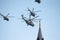 MOSCOW, RUSSIA - June 24,2020. An air parade of military combat helicopters of Russian Air Force fly in skies of Moscow over