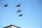 MOSCOW, RUSSIA - June 24,2020. An air parade of military combat helicopters of Russian Air Force fly in skies of Moscow over