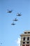 MOSCOW, RUSSIA - June 24,2020. An air parade of military combat helicopters of Russian Air Force fly in skies of Moscow over