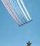 MOSCOW, RUSSIA - June 24, 2020: Victory Parade -75. Red Square. Aerial show in sky. Air parade Russian aviation. Su-25 in sky