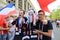 MOSCOW, RUSSIA - June 26, 2018: French and Denmark fans celebrating during the World Cup Group C game between France and Denmark a