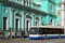 Moscow, Russia - March 14, 2016. Trolley bus at bus stop in front of Cathedral Epiphany at street Spartacus