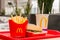 Moscow, Russia, March 15 2018: McDonald`s Big Mac hamburger menu, French Fries and Coca Cola