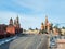 Moscow, Russia - March 16, 2020: View of the walls and towers of the Moscow Kremlin, St. Basil`s Cathedral on Red Square