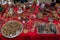 Moscow, Russia - March 19, 2017: Bronze, brass handmade souvenirs are spread out on the table mixed with antiques