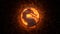 Moscow, Russia - March 20 2021: Mortal Kombat. Dragon logo of old metal, red glowing eye in round ring. Dirty stone wall, orange