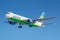 Moscow, Russia - March 26, 2019: Aircraft Boeing 767-33PER UK67006 of Uzbekistan Airways against blue sky in sunny morning going