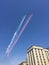 MOSCOW, RUSSIA - MAY 04, 2018: Salute Aerobatic team Swifts and Russian Knights on the fighters MiG-29 and Su-27 fly over Red Squa