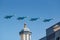 Moscow, Russia - May 07, 2019: Multifunctional supersonic fighter-bomber Su-34 in the blue sky over Red Square. Aviation part of