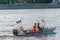 MOSCOW, RUSSIA-MAY 09, 2015: Two employees of the Ministry of Emergency Situations of Russia patrol the river on a