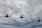 Moscow, Russia - May, 09, 2021: A group of Ka-52 alligator reconnaissance and attack helicopter in the sky over Moscow during the