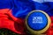 Moscow, Russia. May 13, 2018. Souvenir ball with the emblems of the FIFA World Cup 2018 in Moscow.