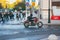 Moscow, Russia - may 25, 2017. A motorcyclist on a red Yamaha Vmax RSD bike motorcycle rides on a road near a pedestrian