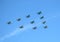 MOSCOW, RUSSIA - May 9, 2018: Group of Russian military supersonic high-altitude interceptors SU-34, SU-35, SU-30SM shows figure T