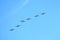 MOSCOW, RUSSIA - May 9, 2018: Group of Russian military tactical front-line bombers SU-25 in flight in the blue sky