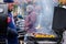 Moscow. Russia. November 04, 2019: Culinary Festival in Moscow. The cook is grilling meat. Traditional Caucasian dish