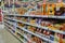 Moscow, Russia, November 2019: a Long row in the supermarket with Christmas sweets for children: chocolate figures of Santa, bears