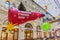 Moscow, Russia - November 21, 2019: Decorated red spaceship with christmas tree and gifts on the board under glass roof of GUM