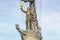 Moscow, Russia - October 03, 2019: Russian tsar Peter the Great at the helm of a sailboat against blue sky in sunny day. Monument