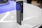Moscow, Russia - October 04, 2019: new flagship smartphone Samsung Galaxy Fold with flexible display stand on white table
