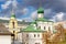 Moscow, Russia - October 08, 2019: Church Of Maximus The Blessed in the Zaryadye Park against blue sky with grey clouds at sunny