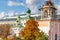 Moscow, Russia - October 08, 2019: Domes of Church Of Maximus The Blessed and bell tower of the Znamensky Monastery at sunny