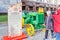 Moscow, Russia - October 08, 2019: Restored american wheel tractor JOHN DEERE D Popping Johnnie on the exhibition of agricultural