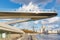 Moscow, Russia - October 08, 2019: Tourists on the Soaring bridge above Moskva river at sunny autumn day