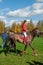 Moscow, Russia October 1, 2016: Cossack gathering. Cossack equestrian girls demonstrate traditional flanking techniques