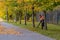 Moscow. Russia. October 11, 2020: A female utility worker uses a blower to remove fallen leaves on a lawn in a park