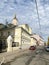 Moscow, Russia, October, 16, 2019. Cars parked in Arkhangelsky lane near Church of Fyodor Stratilat and Menshikov tower in Arkhang