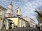 Moscow, Russia, October, 16, 2019. Cars parked in Arkhangelsky lane near Church of Fyodor Stratilat and Menshikov tower in Arkhang