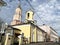 Moscow, Russia, October, 16, 2019. Cars parked in Arkhangelsky lane near Church of Fyodor Stratilat and Menshikov tower in Arkhang