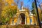 Moscow, Russia - October 17, 2018: Pavilion Milovida in Tsaritsyno park in Moscow at sunny autumn day on a background of trees
