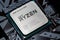 Moscow, Russia - October, 2020: AMD Ryzen 5 2600 Processor close up in the black motherboard CPU socket. Advanced Micro Devices is