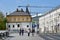 Moscow, Russia, September, 01, 2018. People walking on Varvarka street near Chambers of Romanov boyars in sunny summer day