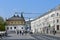 Moscow, Russia, September, 01, 2018. People walking on Varvarka street near Chambers of Romanov boyars in sunny summer day