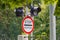 Moscow, Russia - September 13, 2019: Round road sign Stop Control with two single traffic lights close-up against green trees at