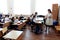 Moscow, Russia - September 2017: Classroom with pupils in school uniform in russian school, traditional offline education format.