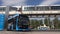 Moscow, Russia-September 2017:The concept of urban transport .Blue electric bus at the charging station.Modern train