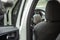 MOSCOW, RUSSIA: - SEPTEMBER 30, 2019: Steering wheel and empty driver`s seat of the new premium Mitsubishi Eclipse Cross seen fro