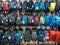 Moscow, Russia - September 6, 2018: Shop window with various backpacks. Hiking sports travel tourist backpacks sold in a