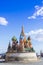 Moscow,Russia, St. Basil& x27;s Cathedral and Kremlin Walls and Tower in Red square in sunny blue sky. Red square  is Attractions