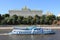 Moscow, Russia â€“ June 13, 2018: River pleasure boat, Kremlin Embankment, Grand Kremlin Palace and domes of Kremlin Cathedrals.